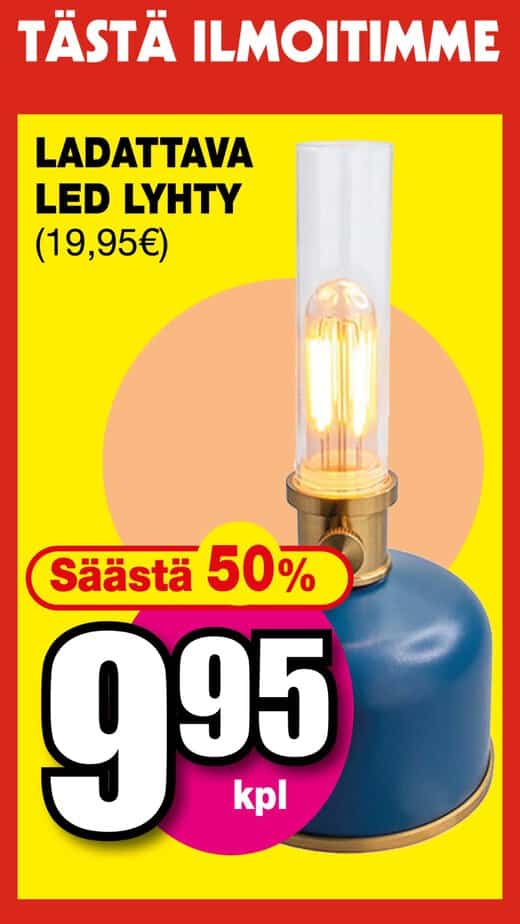 Bright yellow advertisement poster for an led lamp bulb, showing a blue base with a glass bulb; text indicates 50% off and price of €9. 95. | säästötalo latvala